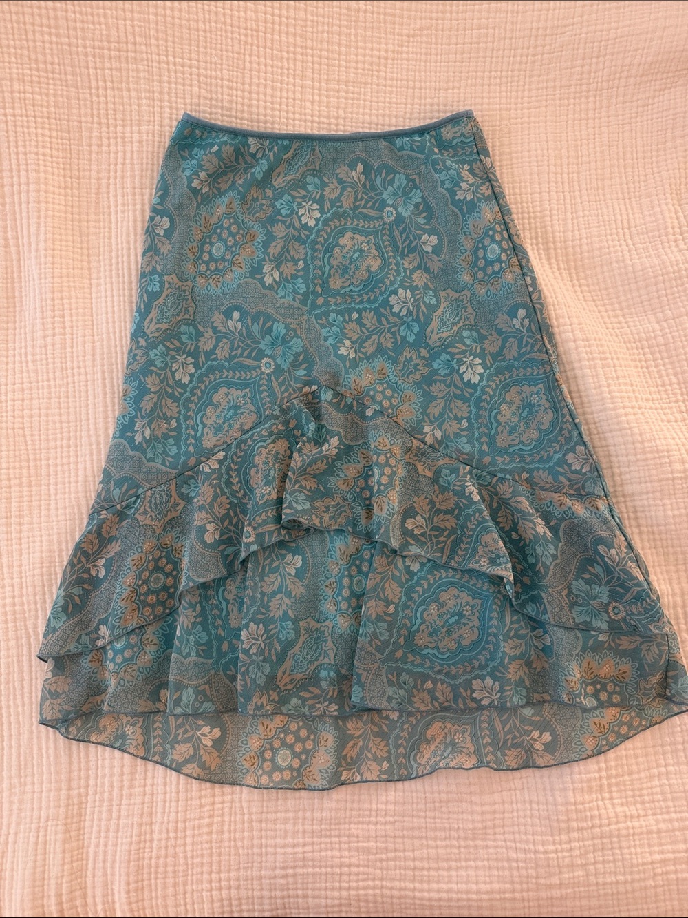 Wrapper Teal Paisley Ruffle Midi Skirt